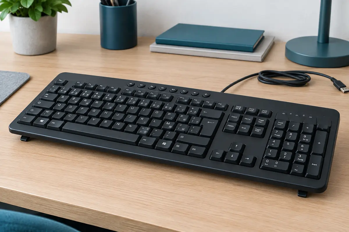 Clavier filaire AZERTY noir avec pavé numérique et câble USB posé sur un bureau en bois.