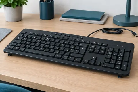 Clavier filaire AZERTY noir avec pavé numérique et câble USB posé sur un bureau en bois.