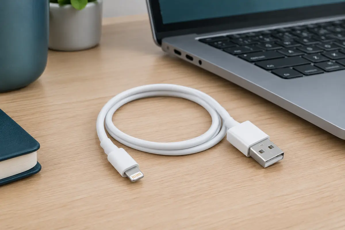 Câble blanc Lightning vers USB posé sur un bureau clair, avec ses deux connecteurs visibles