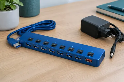 Hub USB bleu à sept ports de données avec interrupteurs individuels, voyants et adaptateur secteur