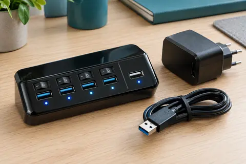 Hub USB noir à quatre ports avec interrupteurs et voyants bleus, accompagné de son adaptateur secteur