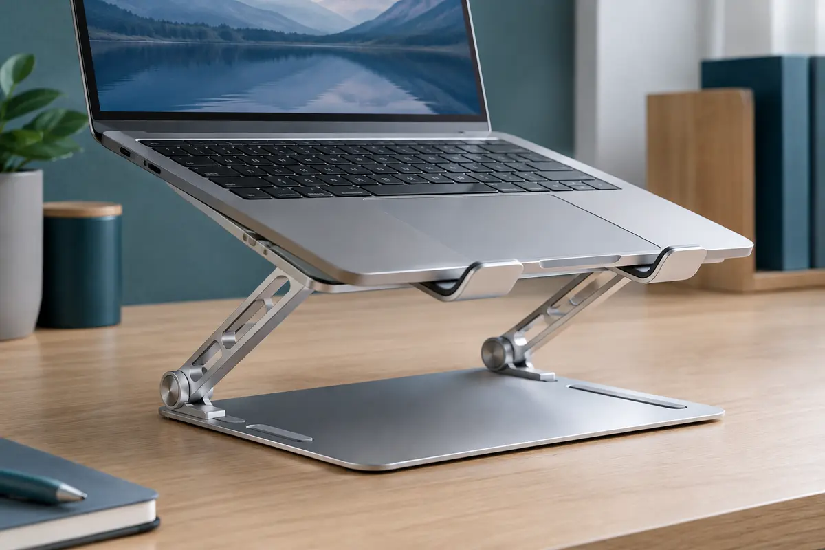 Support pliable en aluminium argenté avec ordinateur portable posé sur un bureau clair