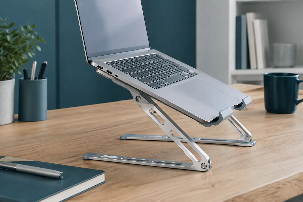 Support Babacom pliable en aluminium argenté avec appuis en silicone, installé sous un ordinateur portable