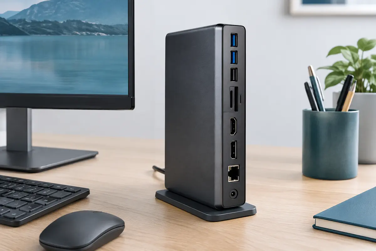 Station d’accueil Baseus compacte sur un bureau, avec ports USB, sorties vidéo et lecteurs de cartes visibles.