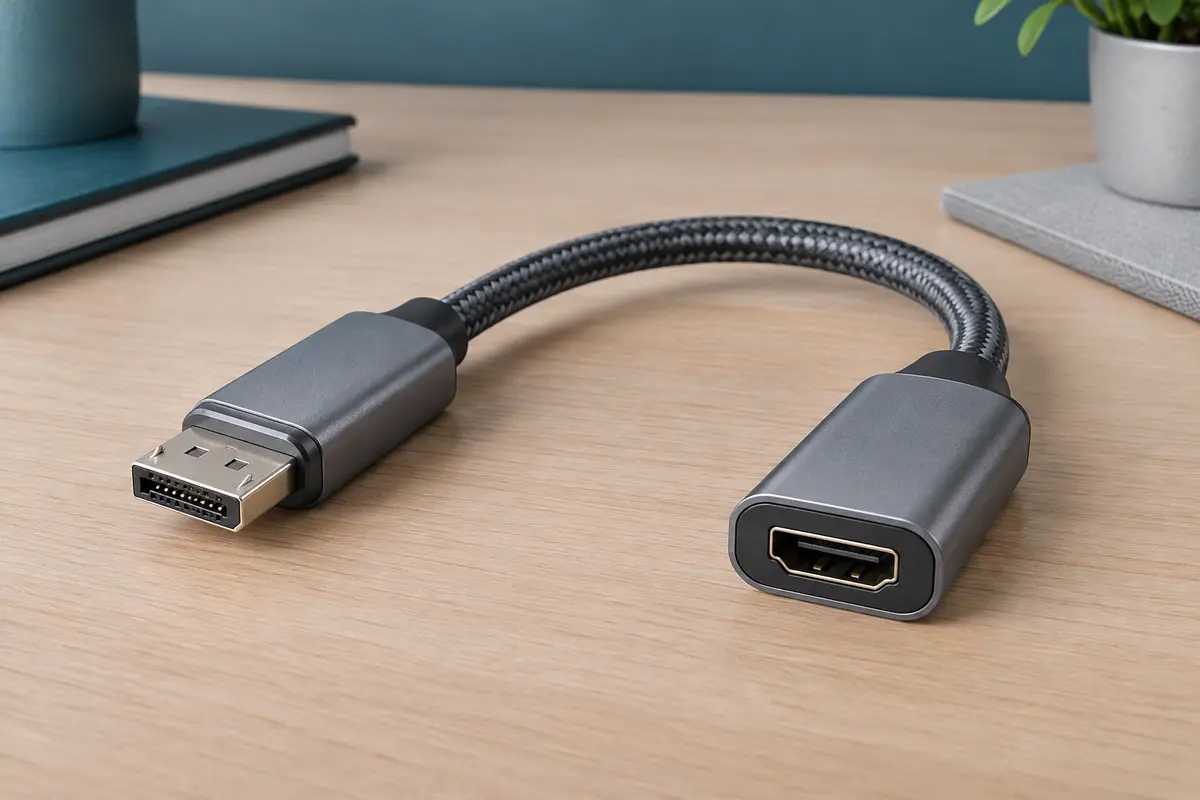 Adaptateur actif gris DisplayPort vers HDMI avec gaine tressée, posé sur un bureau en bois clair.