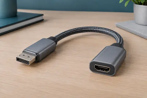 Adaptateur actif gris DisplayPort vers HDMI avec gaine tressée, posé sur un bureau en bois clair.
