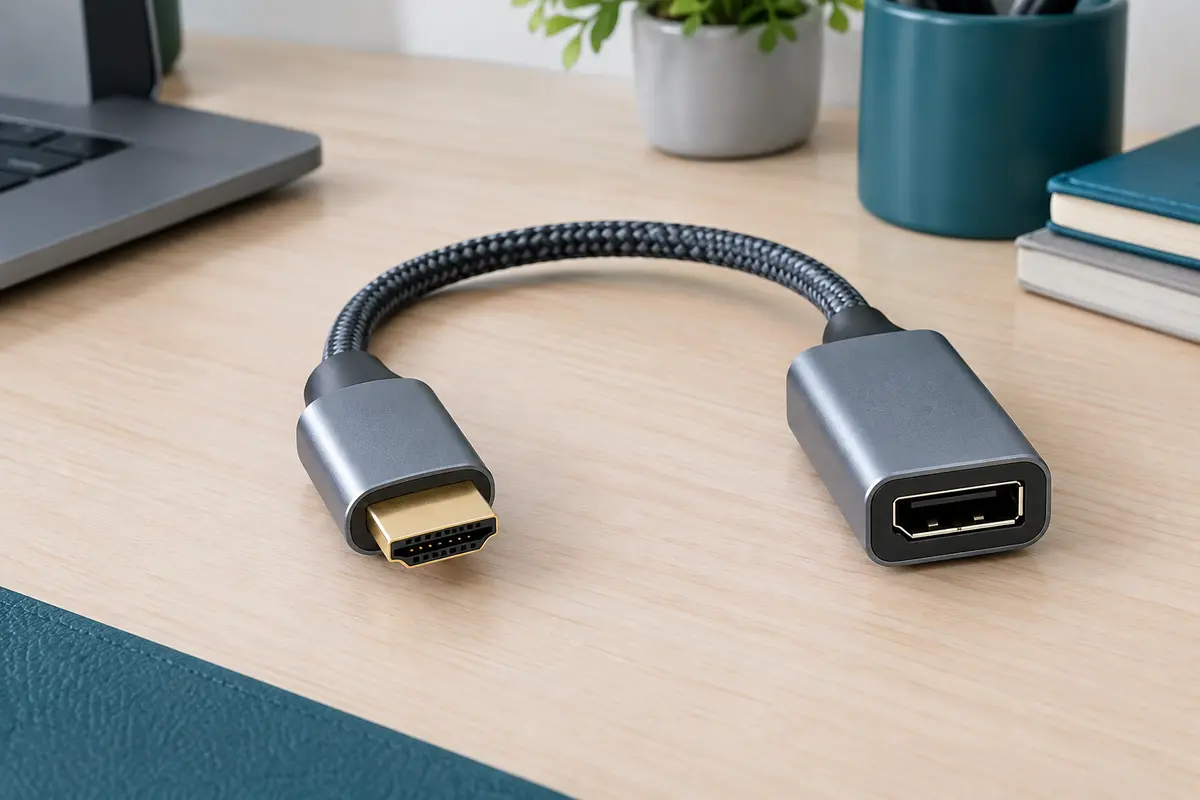 Adaptateur HDMI vers DisplayPort gris avec câble tressé, connecteur HDMI mâle et prise DP femelle