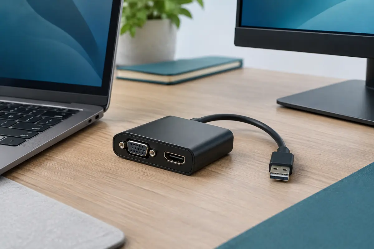 Adaptateur vidéo noir VGA vers HDMI avec câble USB posé sur un bureau près d’un moniteur
