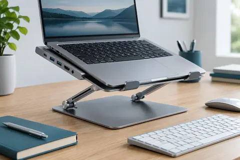 Support réglable en aluminium gris avec hub USB-C et lecteurs de cartes sur un bureau en bois