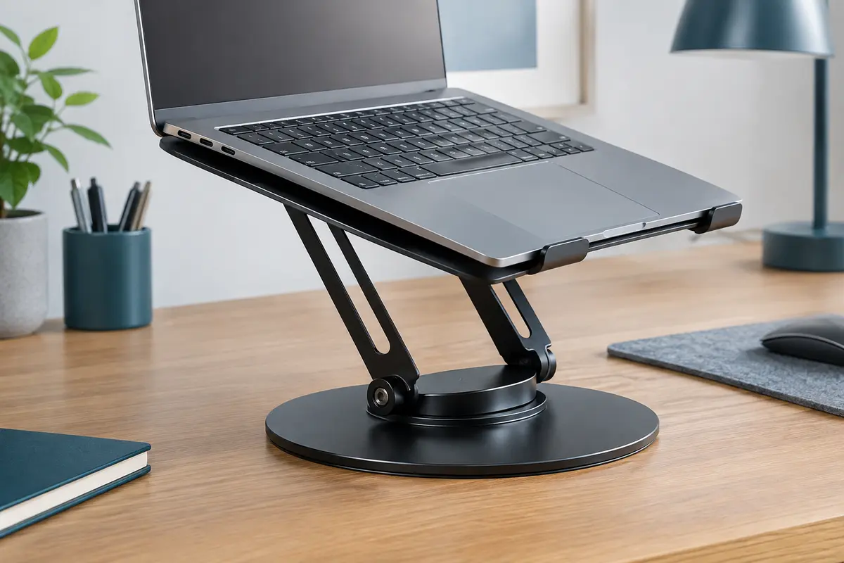Support métallique noir pour ordinateur portable, réglable et installé sur un bureau en bois clair.