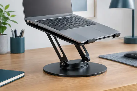 Support métallique noir pour ordinateur portable, réglable et installé sur un bureau en bois clair.