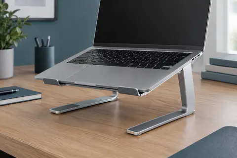 Support Besign en aluminium argenté qui surélève un ordinateur portable sur un bureau en bois