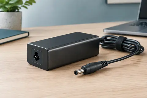 Chargeur compact noir pour ordinateur portable, avec son câble et son connecteur fin, posé sur un bureau en bois.