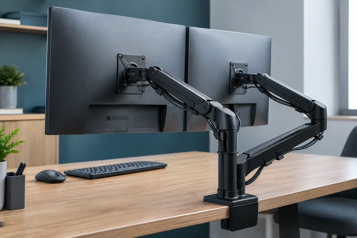Bras articulé noir pour deux écrans, fixé à un bureau en bois dans un espace de travail sobre.