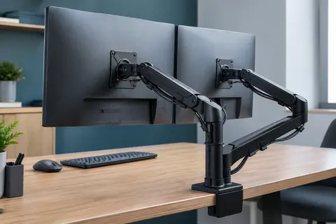 Bras articulé noir pour deux écrans, fixé à un bureau en bois dans un espace de travail sobre.