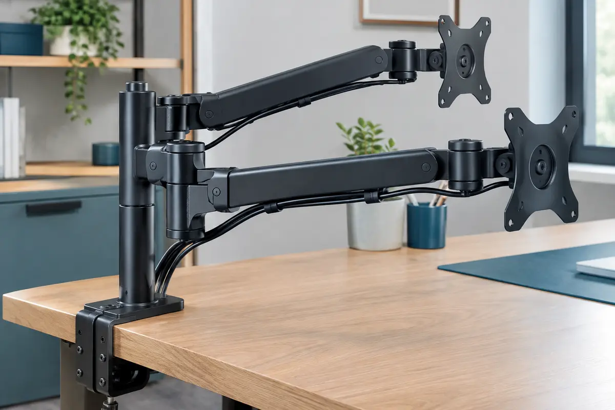 Bras double noir pour écran PC fixé à un bureau, avec articulations et câbles guidés le long des bras.