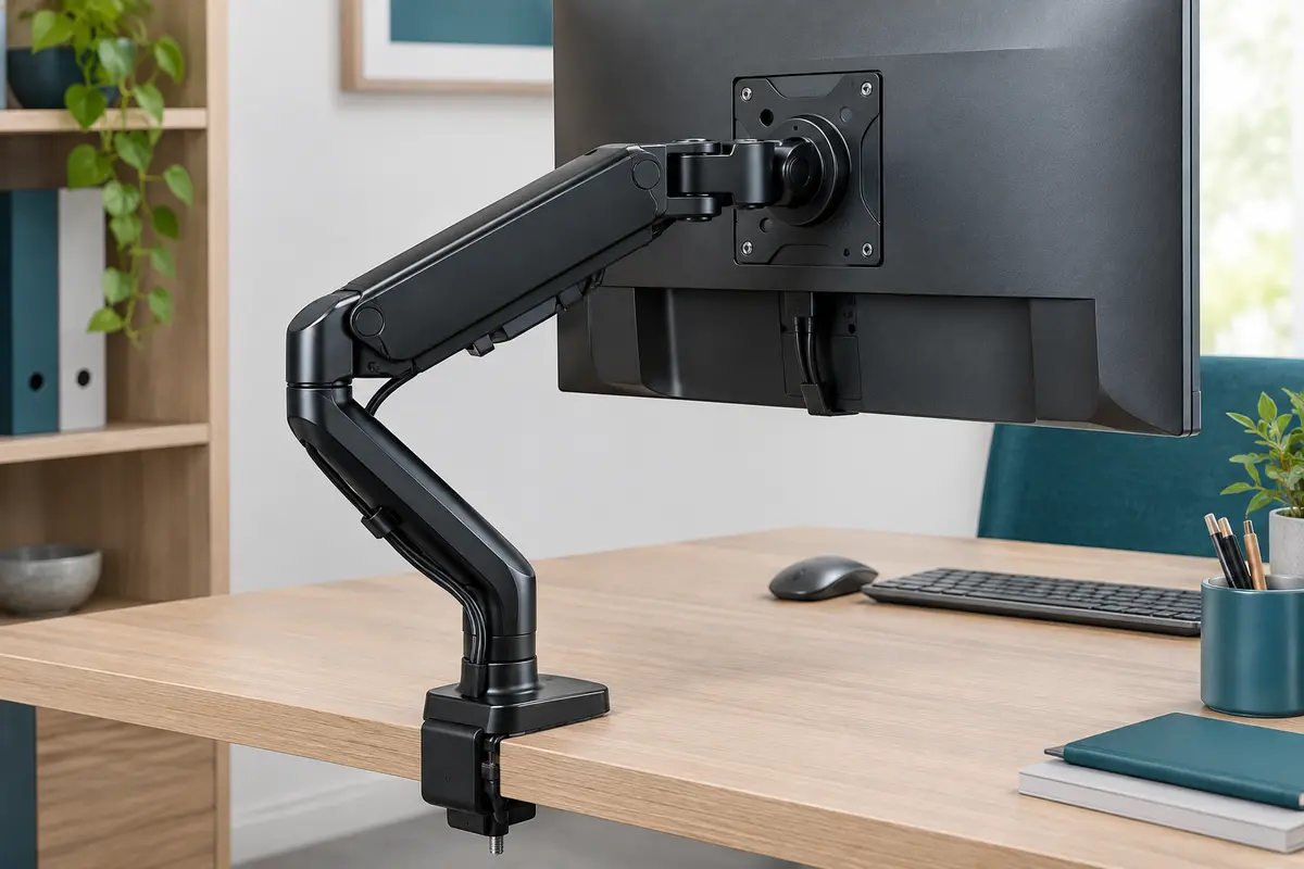 Bras écran Bontec noir fixé à un bureau, avec ressort à gaz, plaque VESA et câbles guidés le long du bras.