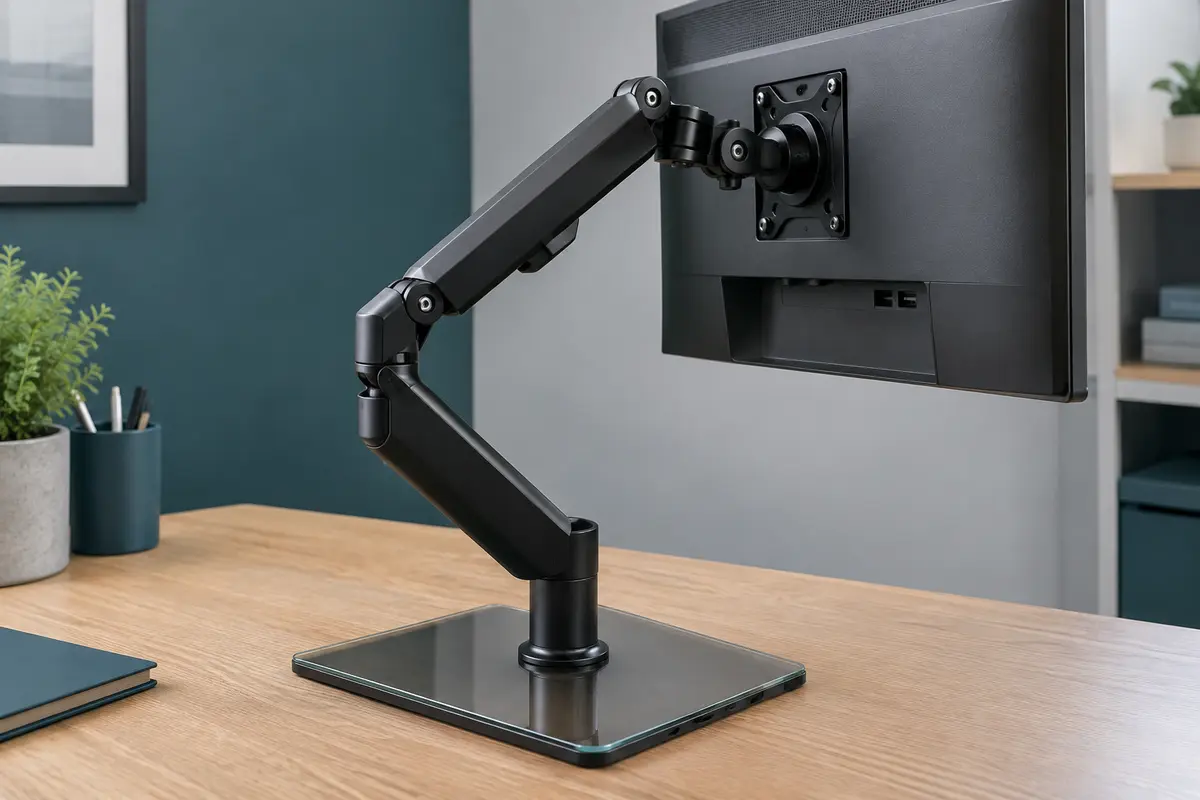 Support d’écran noir à bras articulé posé sur une base en verre, installé sur un bureau en bois.