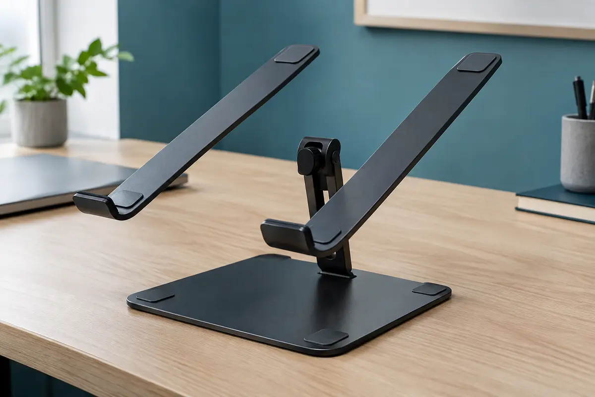 Support pour ordinateur portable en aluminium noir, réglable en hauteur, posé sur un bureau en bois clair.
