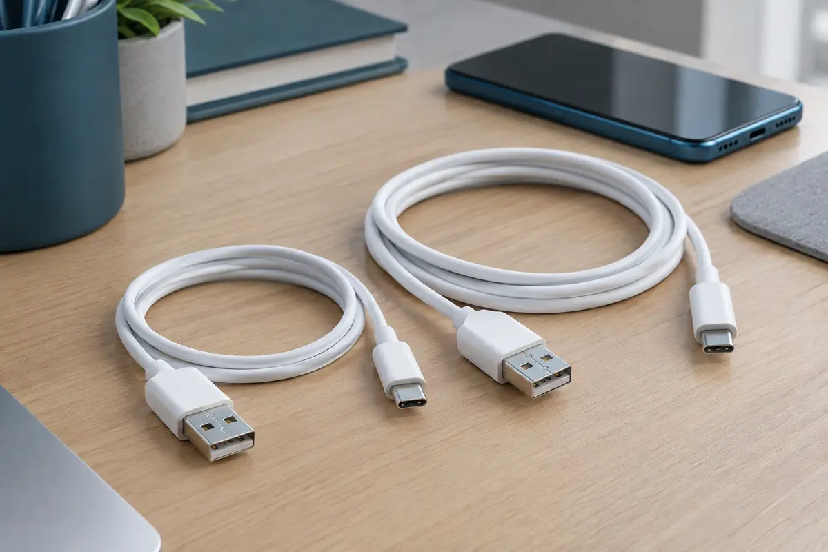 Deux câbles blancs USB vers USB-C de longueurs différentes, posés près d’un smartphone sur un bureau sobre.
