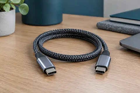 Câble USB-C court à gaine tressée grise et noire, avec ses deux connecteurs métalliques sur un bureau.