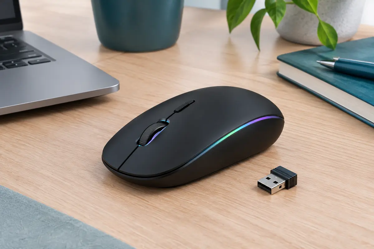 Souris noire compacte Cimetech avec molette, éclairage LED coloré et récepteur nano USB sur un bureau.