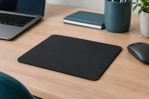 Tapis de souris noir à surface textile lisse posé sur un bureau en bois clair, avec sa base en caoutchouc visible.