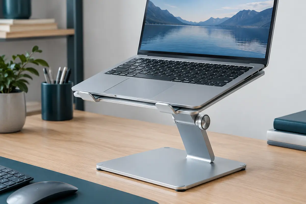 Support Cirycase en aluminium avec ordinateur portable posé sur son panneau ouvert et réglable