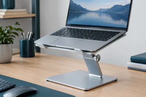 Support Cirycase en aluminium avec ordinateur portable posé sur son panneau ouvert et réglable