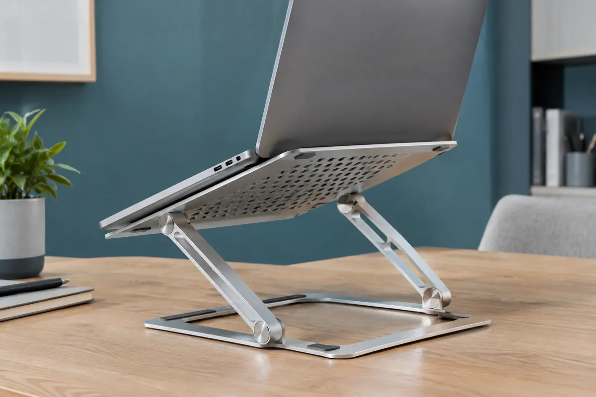 Support Cirycase argenté déplié sous un ordinateur portable sur un bureau en bois clair.