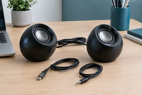 Paire d’enceintes Creative Pebble V2 noires, inclinées sur un bureau en bois clair avec leurs câbles de connexion.