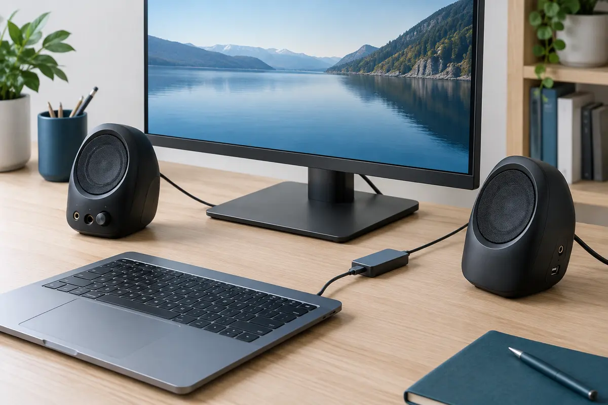 Deux enceintes PC compactes en plastique noir, inclinées vers l’auditeur sur un bureau clair.