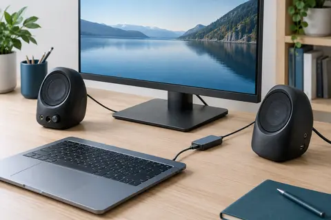 Deux enceintes PC compactes en plastique noir, inclinées vers l’auditeur sur un bureau clair.