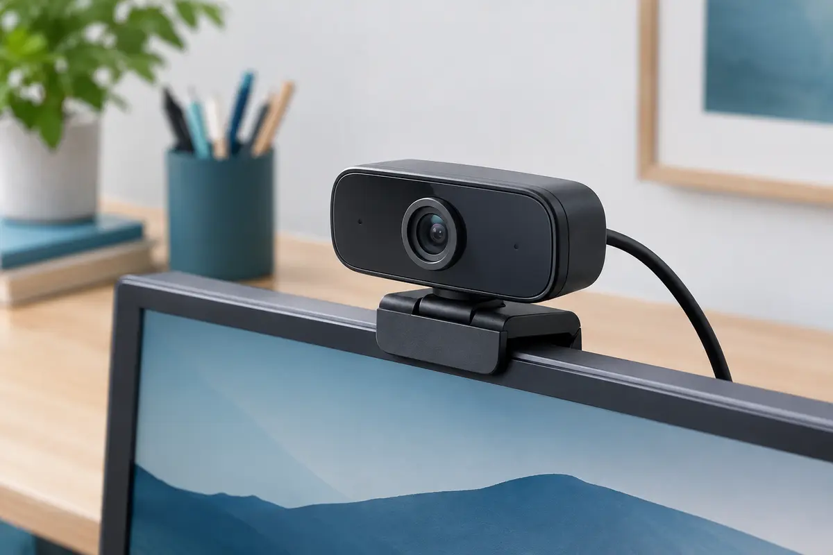 Webcam USB noire avec clip orientable installée sur un écran, dans un espace de travail sobre et lumineux.