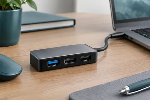 Hub USB noir à trois ports posé sur un bureau en bois, avec ses prises visibles