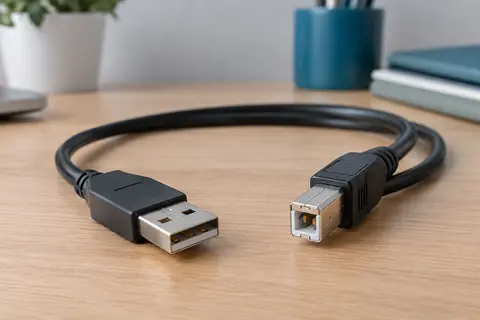 Câble USB noir avec connecteurs mâles USB-A et USB-B posé sur un bureau clair.