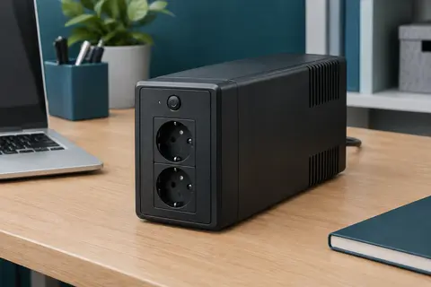 Onduleur noir compact posé sur un bureau en bois, avec ses prises françaises visibles