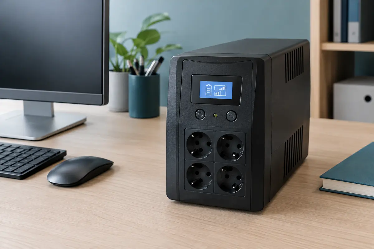Onduleur informatique noir avec écran LCD et prises françaises sur un bureau sobre