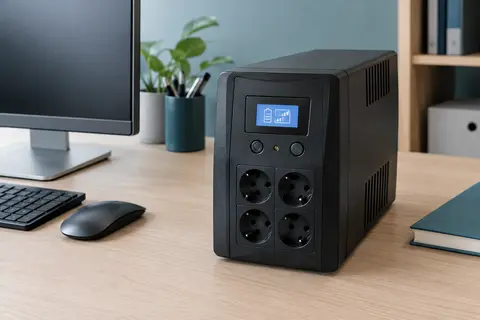 Onduleur informatique noir avec écran LCD et prises françaises sur un bureau sobre