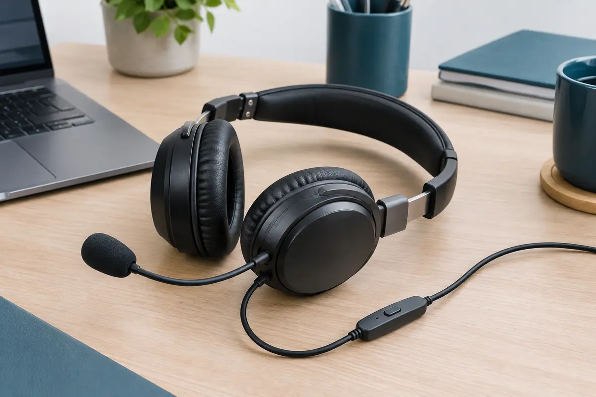 Casque PC filaire noir avec micro orientable, coussinets arrondis et commande intégrée au câble