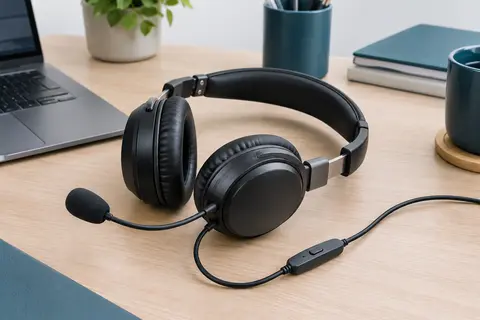 Casque PC filaire noir avec micro orientable, coussinets arrondis et commande intégrée au câble
