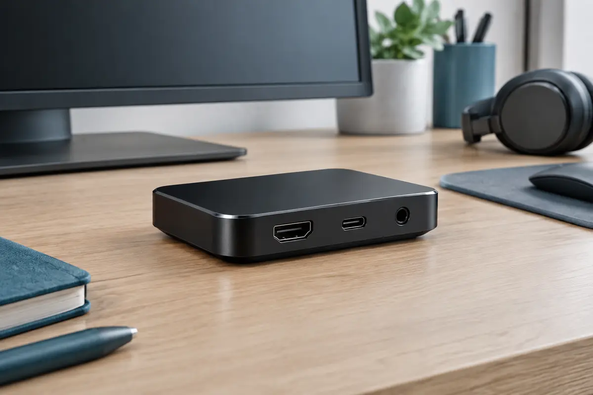 Carte de capture externe noire posée sur un bureau, avec ses ports HDMI, USB-C et jack visibles.