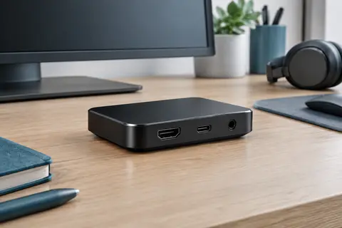 Carte de capture externe noire posée sur un bureau, avec ses ports HDMI, USB-C et jack visibles.