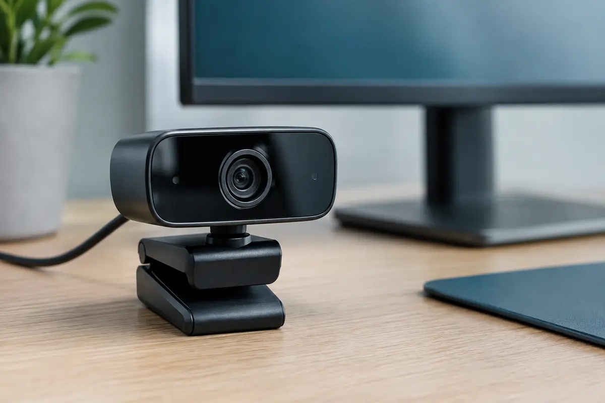 Webcam compacte noire posée sur un bureau en bois dans un espace de travail clair
