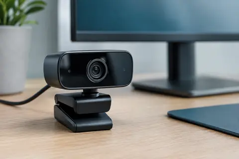 Webcam compacte noire posée sur un bureau en bois dans un espace de travail clair