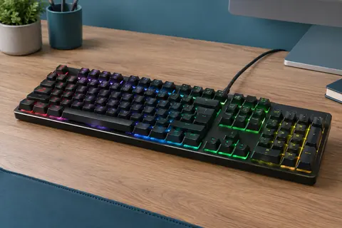 Clavier gaming AZERTY noir à rétroéclairage RGB posé sur un bureau sobre en bois clair.