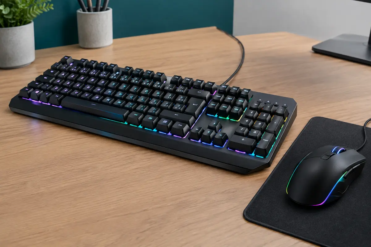 Pack noir comprenant un clavier AZERTY éclairé, une souris RGB et un tapis compact sur un bureau