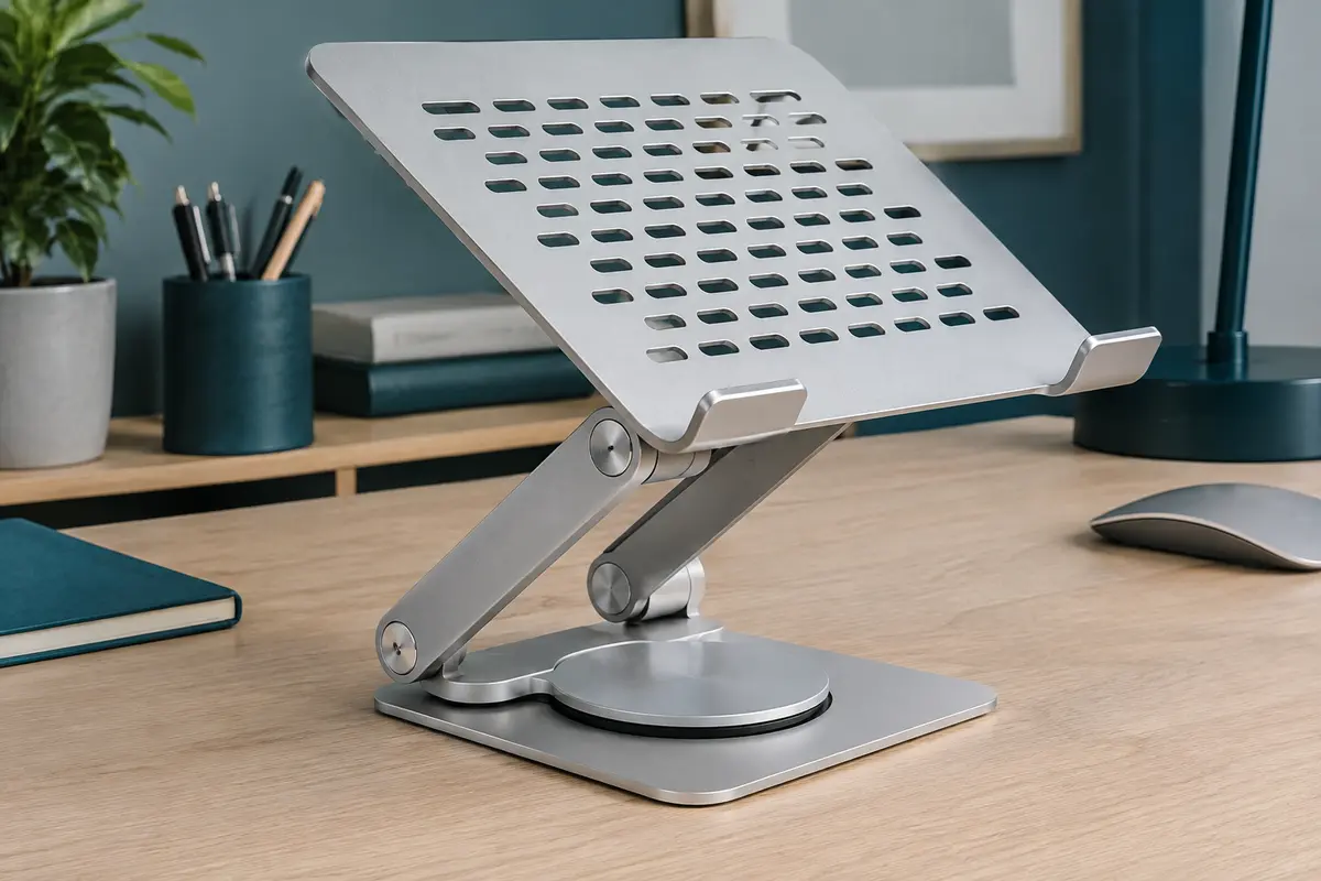 Support pour ordinateur portable en aluminium argenté, avec plateau ajouré et base pivotante, posé sur un bureau.