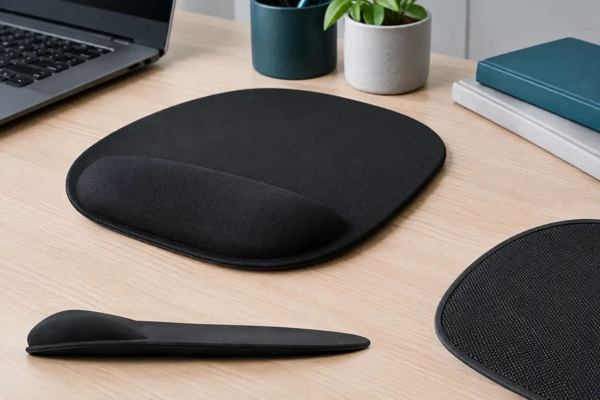Tapis de souris noir en Lycra avec repose-poignet intégré, posé sur un bureau en bois clair