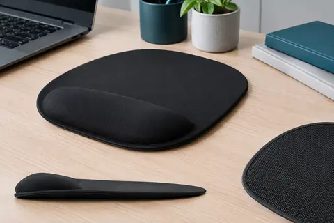 Tapis de souris noir en Lycra avec repose-poignet intégré, posé sur un bureau en bois clair